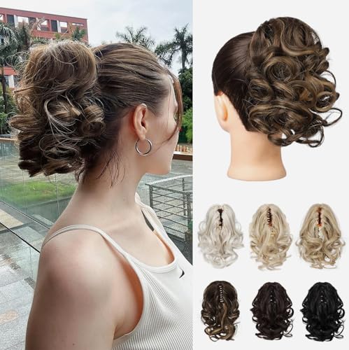 REECHO Ponytail Extension, 23 cm Kurze lockige gewellte Haarklammer Haarteil Pferdeschwänze Haarverlängerungen Haarteile für Frauen Ponytail Extension - Schokoladenbraun mit Strähnchen von REECHO
