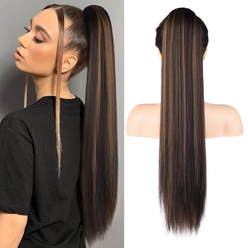 REECHO Ponytail Extension, 28" Long Straight Drawstring Pony Hair Extension Synthetic Pony Tail Hairpiece for Women - Chestnut Brown with Blonde Hightlights REECHO Ponytail Extension, 28" Long Straight Drawstring Pony Hair Extension Synthetic Pony Tail Hairpiece for Women - Chestnut Brown with Blonde Hightlights von REECHO