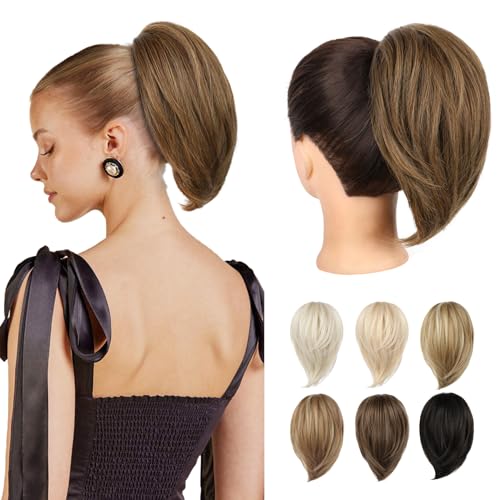 REECHO Ponytail Extension, kurzer glatter Ponytail Extension, Haarkrallen Dutt Haarteil unordentlicher Dutt natürliches Kunsthaar falscher Pferdeschwanz Haarverlängerung für Damen (Aschbraun) von REECHO