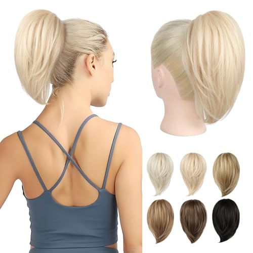 REECHO Ponytail Extension, kurzer glatter Ponytail Extension, Haarkrallen Dutt Haarteil unordentlicher Dutt natürliches Kunsthaar falscher Pferdeschwanz Haarverlängerung für Damen - Hellblond REECHO Ponytail Extension, kurzer glatter Ponytail Extension, Haarkrallen Dutt Haarteil unordentlicher Dutt natürliches Kunsthaar falscher Pferdeschwanz Haarverlängerung für Damen - Hellblond von REECHO