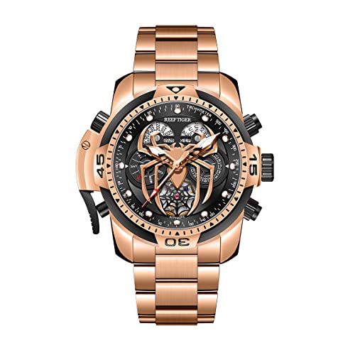 REEF TIGER Fashion Design Sport Automatische mechanische Uhr Spinne Zifferblatt mit komplizierten Jahr Monat Kalender Stahl Armband Uhren RGA3532SP (RGA3532SP-PBPO) von REEF TIGER