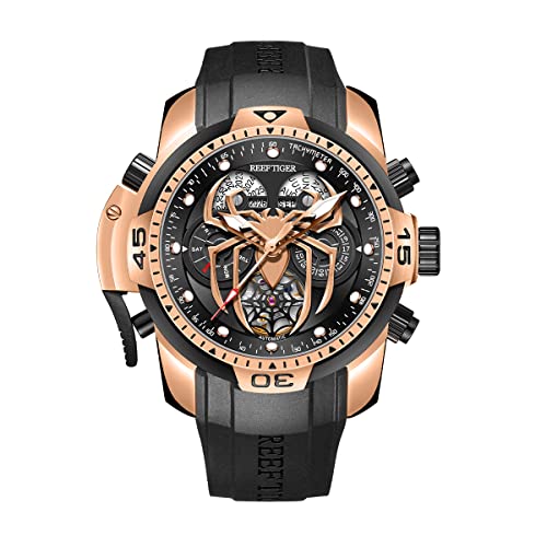 REEF TIGER Fashion Style Sport Automatik Uhr Spinne Zifferblatt mit Kompliziertem Jahr Monat Ewiger Kalender Mechanische Gummi Uhren RGA3532SP (RGA3532SP-PBR) von OBLVLO