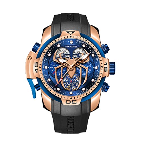 REEF TIGER Fashion Style Sport Automatik Uhr Spinne Zifferblatt mit Kompliziertem Jahr Monat Ewiger Kalender Mechanische Gummi Uhren RGA3532SP (RGA3532SP-PLR) von OBLVLO