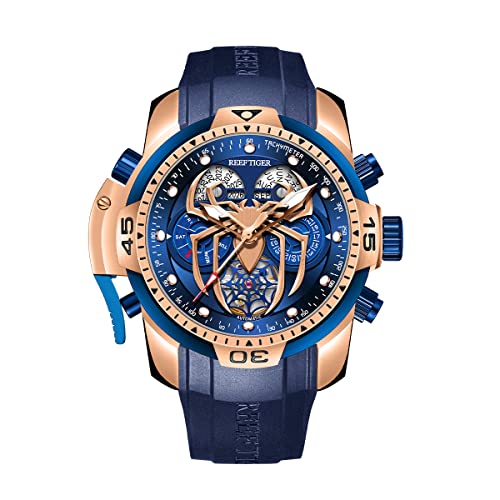 REEF TIGER Fashion Style Sport Automatik Uhr Spinne Zifferblatt mit Kompliziertem Jahr Monat Ewiger Kalender Mechanische Gummi Uhren RGA3532SP (RGA3532SP-PLRL) von OBLVLO