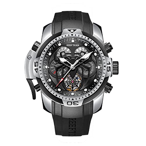 REEF TIGER Fashion Style Sport Automatik Uhr Spinne Zifferblatt mit Kompliziertem Jahr Monat Ewiger Kalender Mechanische Gummi Uhren RGA3532SP (RGA3532SP-YBR) von OBLVLO