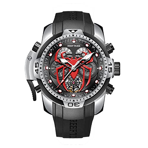 REEF TIGER Fashion Style Sport Automatik Uhr Spinne Zifferblatt mit Kompliziertem Jahr Monat Ewiger Kalender Mechanische Gummi Uhren RGA3532SP (RGA3532SP-YBRR) von OBLVLO