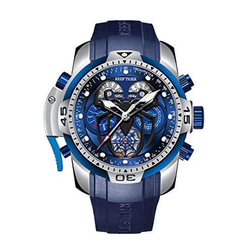 REEF TIGER Fashion Style Sport Automatik Uhr Spinne Zifferblatt mit Kompliziertem Jahr Monat Ewiger Kalender Mechanische Gummi Uhren RGA3532SP (RGA3532SP-YLRL) von OBLVLO