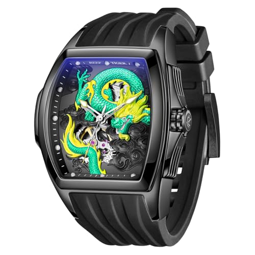 REEF TIGER Herren-Luxus-Tonneau-Skelett-mechanische Automatikuhr mit Automatikaufzug, leuchtendes Drachenzifferblatt, wasserdichte Armbanduhr RGA3061 (RGA3061-BGB) von REEF TIGER