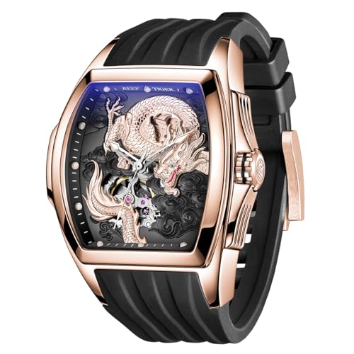 REEF TIGER Herren-Luxus-Tonneau-Skelett-mechanische Automatikuhr mit Automatikaufzug, leuchtendes Drachenzifferblatt, wasserdichte Armbanduhr RGA3061 (RGA3061-PGB) von REEF TIGER