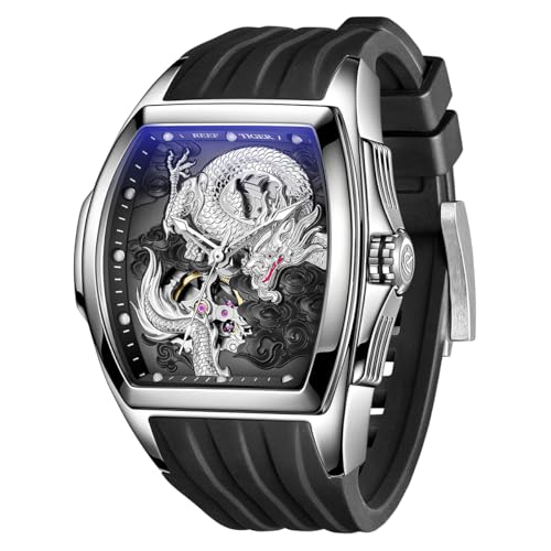 REEF TIGER Herren-Luxus-Tonneau-Skelett-mechanische Automatikuhr mit Automatikaufzug, leuchtendes Drachenzifferblatt, wasserdichte Armbanduhr RGA3061 (RGA3061-YSB) von REEF TIGER