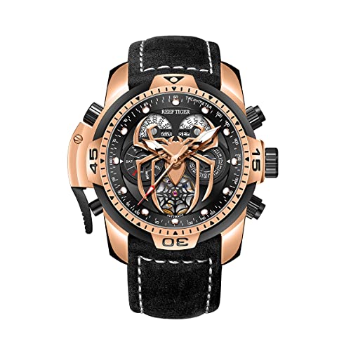 REEF TIGER High-End leuchtende Sport Automatikuhr Spinne Zifferblatt mit Jahr Monat Ewiger Kalender Leder Mechanische Uhren RGA3532SP (RGA3532SP-PBB) von OBLVLO