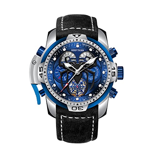 REEF TIGER High-End leuchtende Sport Automatikuhr Spinne Zifferblatt mit Jahr Monat Ewiger Kalender Leder Mechanische Uhren RGA3532SP (RGA3532SP-YLLB) von OBLVLO