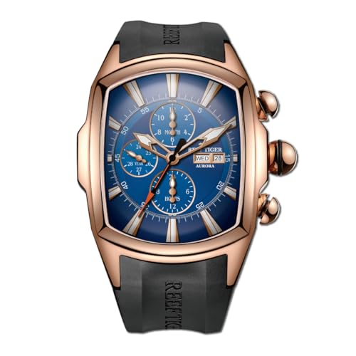REEF TIGER Tonneau RGA3069-P Herren Multifunktions-Armbanduhr, mechanisch, analog, leuchtend, Silikonarmband, Automatikuhr mit Kalender, RGA3069-PLB, Automatikuhr von REEF TIGER