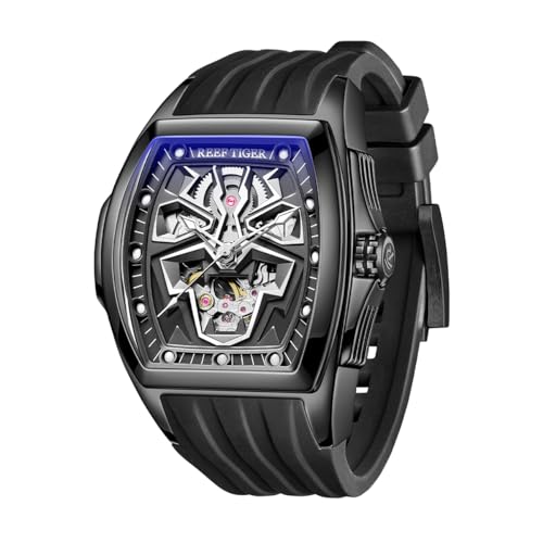 REEF TIGER Top Brand Black Panther Tonneau Mechanische Uhr, super Lumious Automatikuhr, Automatikuhr, wasserdicht, Gummi-Uhr für Herren, RGA3061-LEO, Rga3061-leo-bbb, Large, Armband von REEF TIGER