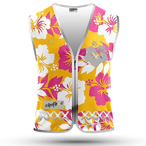REEFLEXX Damen-Fahrradweste - Stylische Warnweste mit auffälligen Farben/Mustern und starken Reflektoren - Bequeme Sicherheit im Straßenverkehr - Orange Hibiscus - Größe XL von REEFLEXX