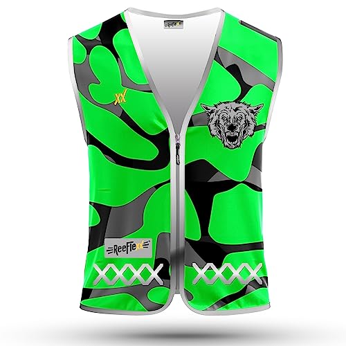 REEFLEXX Herren-Fahrradweste - Stylische Warnweste mit auffälligen Farben/Mustern und starken Reflektoren - Erhöhte Sichtbarkeit im Straßenverkehr. Green Camou Wolf, Größe XL/XXL von REEFLEXX