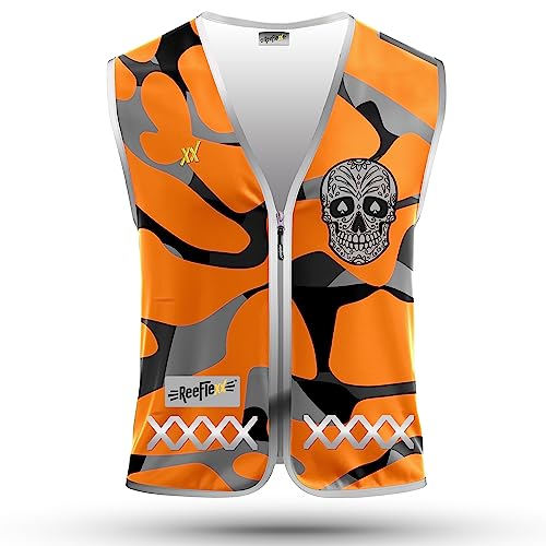 REEFLEXX Herren-Fahrradweste - Stylische Warnweste mit auffälligen Farben/Mustern und starken Reflektoren - Erhöhte Sichtbarkeit im Straßenverkehr. Orange Camou Skull, Größe S/M von REEFLEXX