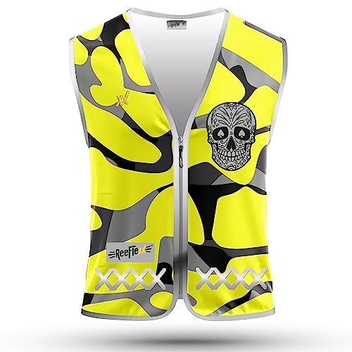 REEFLEXX Herren-Fahrradweste - Stylische Warnweste mit auffälligen Farben/Mustern und starken Reflektoren - Erhöhte Sichtbarkeit im Straßenverkehr. Yellow Camou Skull, Größe S/M von REEFLEXX