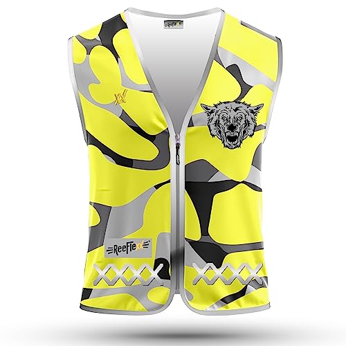 REEFLEXX Herren-Fahrradweste - Stylische Warnweste mit auffälligen Farben/Mustern und starken Reflektoren - Erhöhte Sichtbarkeit im Straßenverkehr. Yellow Camou Wolf, Größe L/XL von REEFLEXX