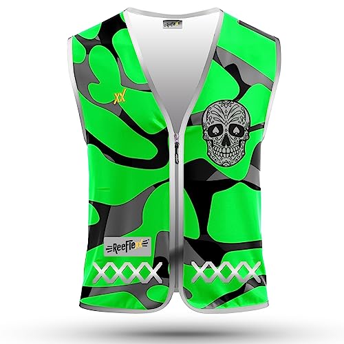 REEFLEXX Warnweste/Reflektorweste/Sicherheitsweste für Kinder, erhöhte Sichtbarkeit im Straßenverkehr, Joggen, Fahrrad oder Auto (Green Camou Skull, M) von REEFLEXX