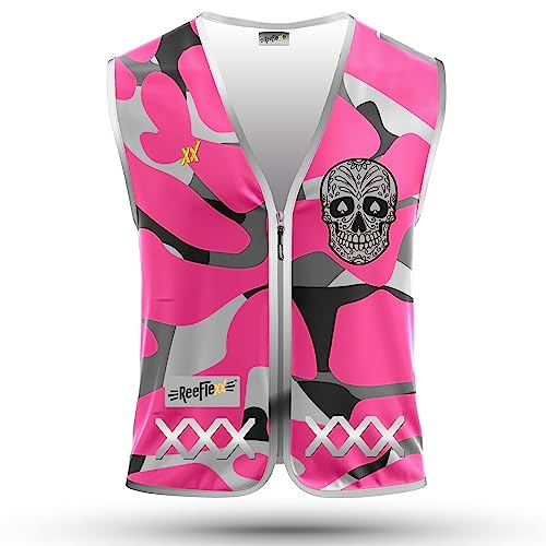 REEFLEXX Warnweste/Reflektorweste/Sicherheitsweste für Kinder, erhöhte Sichtbarkeit im Straßenverkehr, Joggen, Fahrrad oder Auto (Pink Camou Skull, L) von REEFLEXX