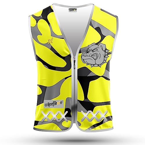 REEFLEXX Warnweste/Reflektorweste/Sicherheitsweste gelb für Kinder, erhöhte Sichtbarkeit im Straßenverkehr, Joggen, Fahrrad oder Auto (Yellow Camou Bulldog, S) von REEFLEXX