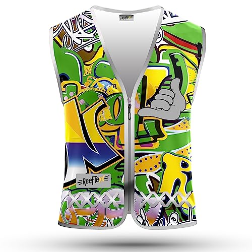 REEFLEXX Warnweste/Reflektorweste/Sicherheitsweste grün für Kinder, erhöhte Sichtbarkeit im Straßenverkehr, Joggen, Fahrrad oder Auto (Green Graffiti, M) von REEFLEXX