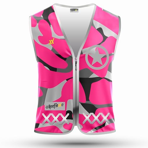 REEFLEXX Warnweste/Reflektorweste/Sicherheitsweste pink für Kinder, erhöhte Sichtbarkeit im Straßenverkehr, Joggen, Fahrrad oder Auto (Pink Camou Star, M) von REEFLEXX