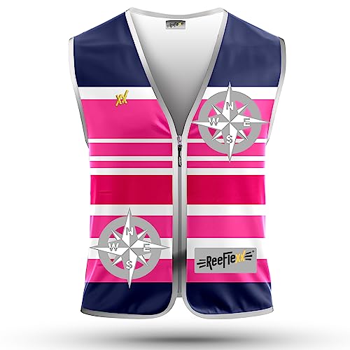 REEFLEXX Warnweste Damen Sicherheitsweste, erhöhte Sichtbarkeit im Straßenverkehr, Joggen, Fahrrad oder Auto, Pink Nautic Compass, Größe M/L von REEFLEXX
