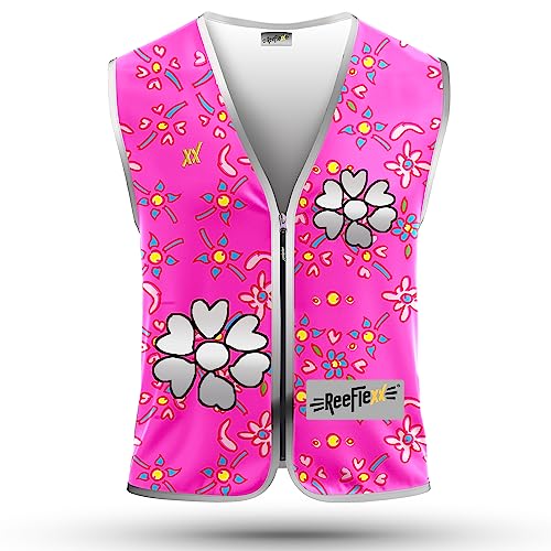 REEFLEXX Warnweste Kinder Sicherheitsweste, erhöhte Sichtbarkeit im Straßenverkehr, Schule, Fahrrad oder Auto, Pink Flower Hearts - Größe S von REEFLEXX