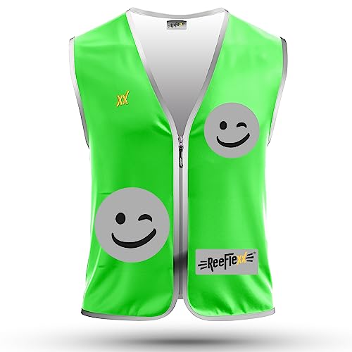 REEFLEXX Warnweste Kinder Sicherheitsweste, erhöhte Sichtbarkeit im Straßenverkehr, Schule, Fahrrad oder Auto, Solid Green Smiley - Größe M von REEFLEXX