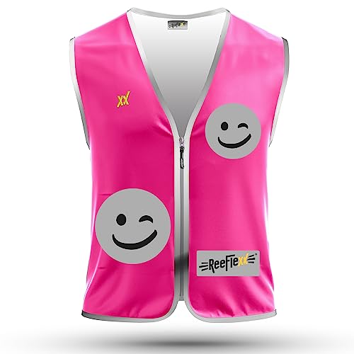 REEFLEXX Warnweste Kinder Sicherheitsweste, erhöhte Sichtbarkeit im Straßenverkehr, Schule, Fahrrad oder Auto, Solid Pink Smiley - Größe L von REEFLEXX
