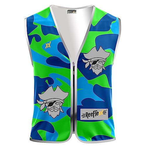REEFLEXX Warnweste Kinder Sicherheitsweste, erhöhte Sichtbarkeit im Straßenverkehr, Schule, Fahrrad oder Auto (Blue Camou Pirate, S) von REEFLEXX