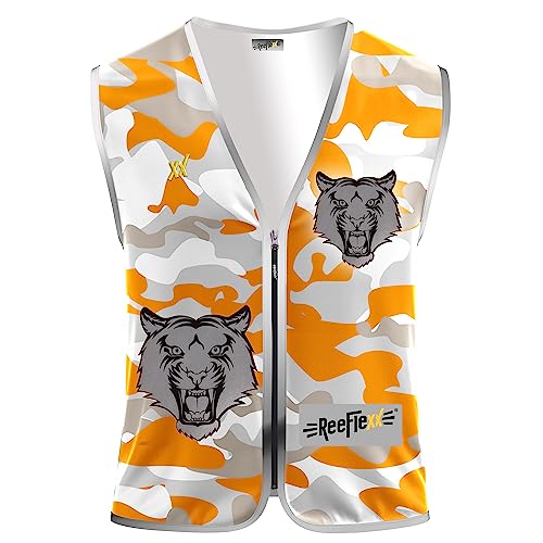 REEFLEXX Warnweste Kinder Sicherheitsweste, erhöhte Sichtbarkeit im Straßenverkehr, Schule, Fahrrad oder Auto (Orange Camou Tiger, S) von REEFLEXX