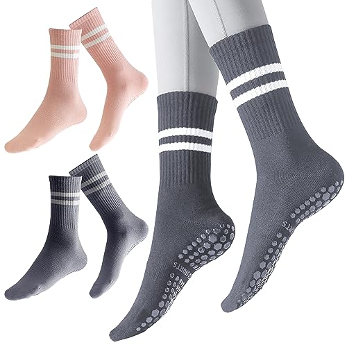REEKNOKOL 2 Paar Yoga-Socken mit Griffen, rutschfeste Pilates-Socken, lange Griffsocken für Damen und Mädchen, Zuhause, Fitnessstudio, Sport, Workout, Fitness (Rosa und Grau) von REEKNOKOL