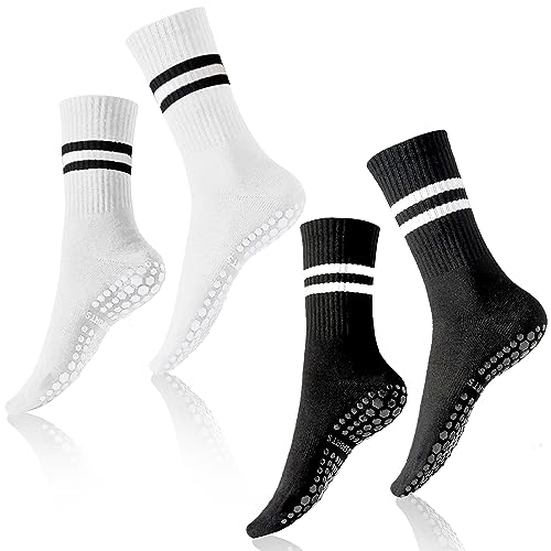 REEKNOKOL 2 Paar Yoga-Socken mit Griffen, rutschfeste Pilates-Socken, lange Griffsocken für Damen und Mädchen, Zuhause, Fitnessstudio, Sport, Workout, Fitness (weiß und schwarz) von REEKNOKOL