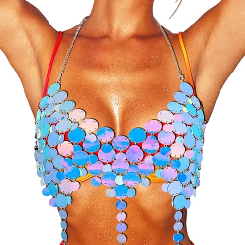 REETAN Glitzerndes Pailletten-BH-Oberteil, schillerndes Körperketten-Rave-Outfit für Damen, Blau, Einheitsgröße von REETAN