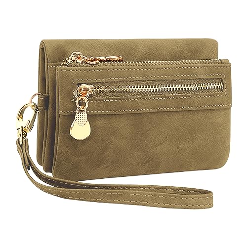 Damen Geldbörse Klein Portemonnaie PU Leder Portmonee Damen Viele Fächer, Geldbeutel Damen mit 10 Kartenfächer und Abnehmbare Handschlaufe, Brieftasche für Frauen Reißverschluss Münzfach (Beige Kamel) von REETEE