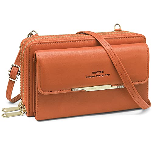REETEE Handytasche Zum Umhängen Damen Handy Umhängetasche RFID Schutz Damen Geldbörse PU Leder Handy Geldbeutel mit 24 Kartenfächer Handy Schultertasche Reißverschluss Crossbody kleine Tasche(braun) von REETEE