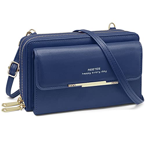 Handytasche Zum Umhängen Damen Handy Umhängetasche RFID Schutz Damen Geldbörse PU Leder Handy Geldbeutel mit 24 Kartenfächer Handy Schultertasche Reißverschluss Crossbody kleine Tasche(Marineblau) von REETEE