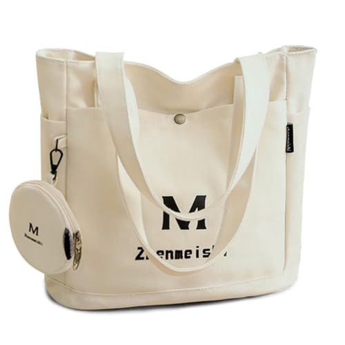 REETEE Handtasche Damen Canvas Shopper Tasche Damen Mittelgroß Tote Bag mit Münzgeldbörse, Casual Multifunktionale Schultertasche Umhängetaschen für Alltag, Büro, Schulausflug und Einkauf (Beige) von REETEE