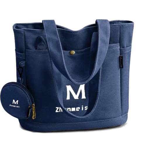 REETEE Handtasche Damen Canvas Shopper Tasche Damen Mittelgroß Tote Bag mit Münzgeldbörse, Casual Multifunktionale Schultertasche Umhängetaschen für Alltag, Büro, Schulausflug und Einkauf (blau) von REETEE