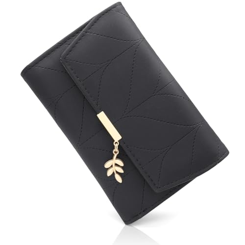 REETEE Damen Geldbeutel aus Weichem Veganem Leder Kleine Portemonnaie Damen mit Vielen Fächern, Mini Portmonee Damen mit Münzfach und Kartenfächer Frauen Geldbörs(L-schwarz) von REETEE