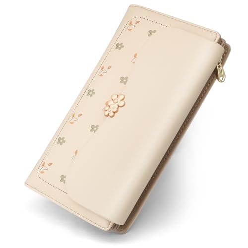 REETEE Geldbörse Damen Groß im Langformat Geldbeutel Damen PU Leder Portemonnaie Viele Fächer, Portmonee mit 10 Kartenfächer und Zipper Münzfach Brieftasche (L-Aprikose) von REETEE