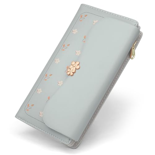 REETEE Geldbörse Damen Groß im Langformat Geldbeutel Damen PU Leder Portemonnaie Viele Fächer, Portmonee mit 10 Kartenfächer und Zipper Münzfach Brieftasche (L-blau) von REETEE