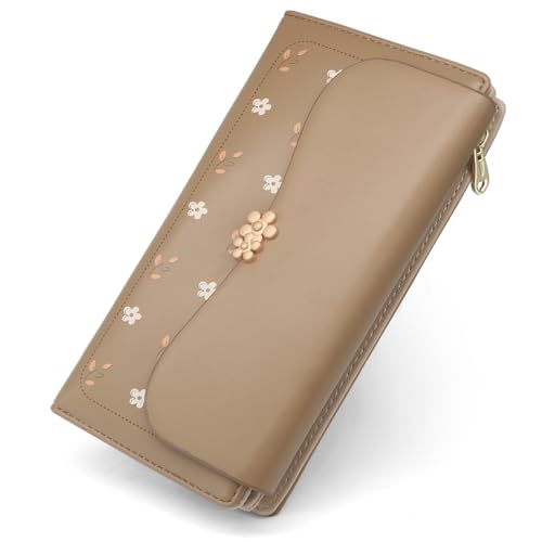 REETEE Geldbörse Damen Groß im Langformat Geldbeutel Damen PU Leder Portemonnaie Viele Fächer, Portmonee mit 10 Kartenfächer und Zipper Münzfach Brieftasche (L-braun) von REETEE