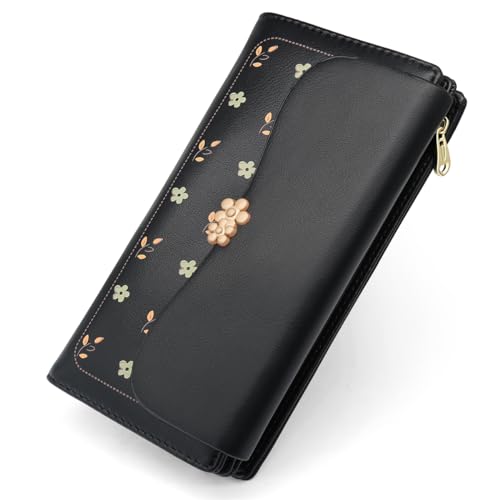 REETEE Geldbörse Damen Groß im Langformat Geldbeutel Damen PU Leder Portemonnaie Viele Fächer, Portmonee mit 10 Kartenfächer und Zipper Münzfach Brieftasche (L-schwarz) von REETEE