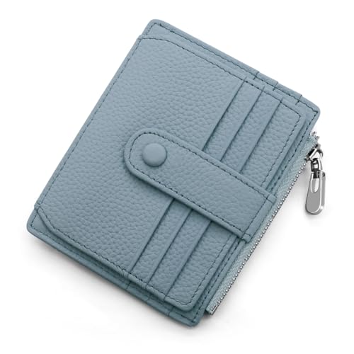 REETEE Geldbörse Damen Herren Klein Echtes Leder Kreditkartenetui RFID Schutz Geldbeutel Damen Kartenetui mit Münzfach, Mini Männer Portemonnaie 14 Kartenhalter Slim Wallet Geschenkbox (Hellblau) von REETEE