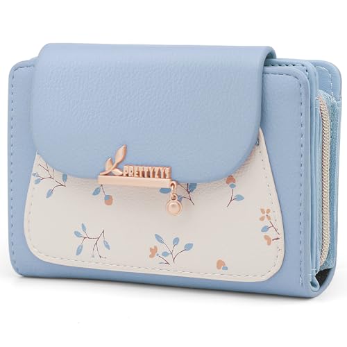 REETEE Geldbörse Klein Damen PU Leder Geldbeutel Klein und im Kurzformat Portemonnaie Damen Viele Fächer, Portmonee mit 10 Kartenfächer und Zipper Münzfach Brieftasche (A-blau) von REETEE