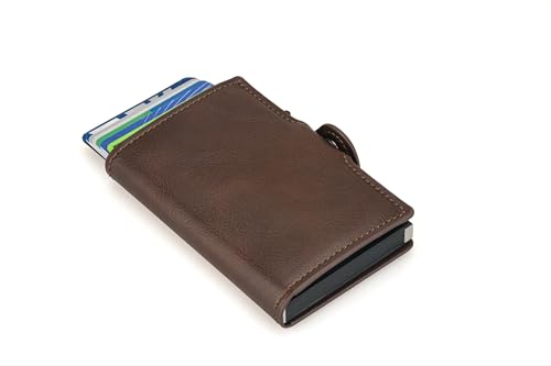 REFENCH RFID-blockierende Pop-Up Kartenhalter Geldbörse für Herren – Schlanke automatische Ausweishülle mit Geldband | Minimalistisches Design in Leder Braun & Carbonfaser Schwarz (Leather Brown) von REFENCH